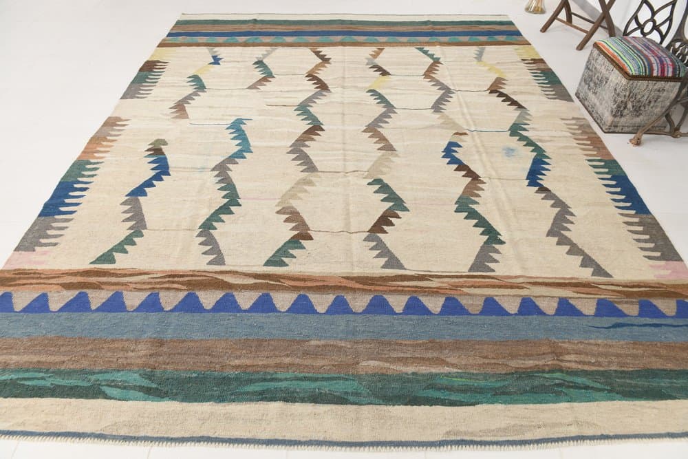 Kilim 362x280 cm, beżowy, zielony, wełna, Turcja, lata 70. - 214945