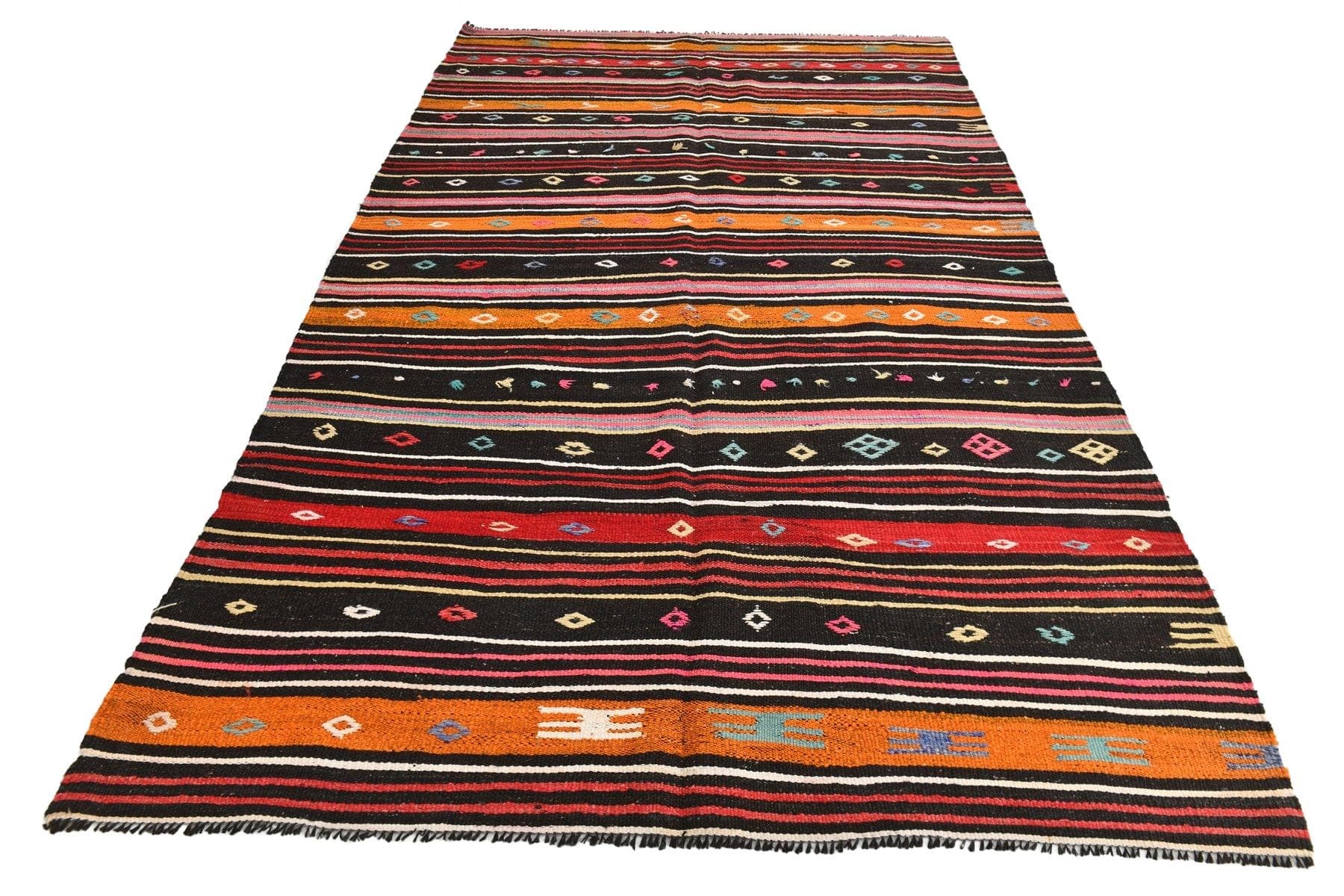 Kilim 186x322 cm, czarny, różowy, wełna, lata 70.