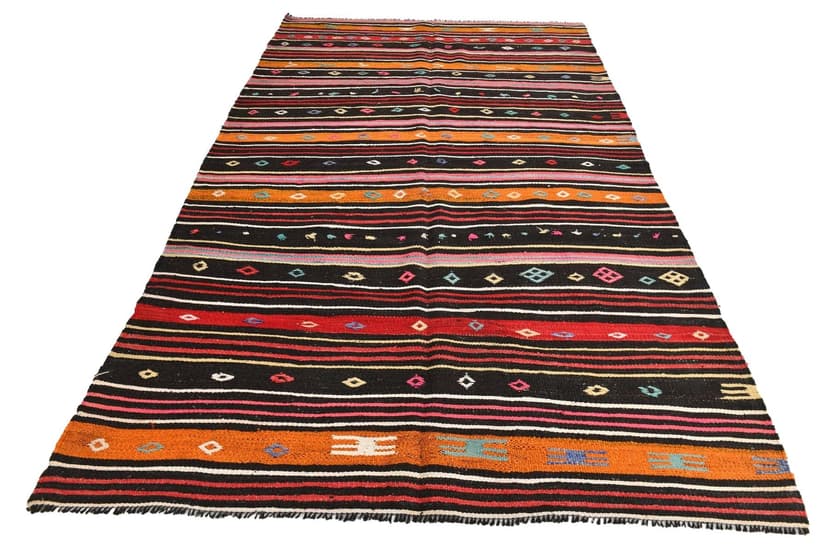 Kilim 186x322 cm, black, pink, wool, 1970s