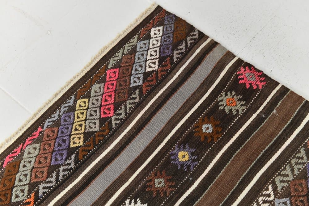 Kilim 238x155 cm, brązowy, beżowy, wełna, Turcja, lata 70. - 215067