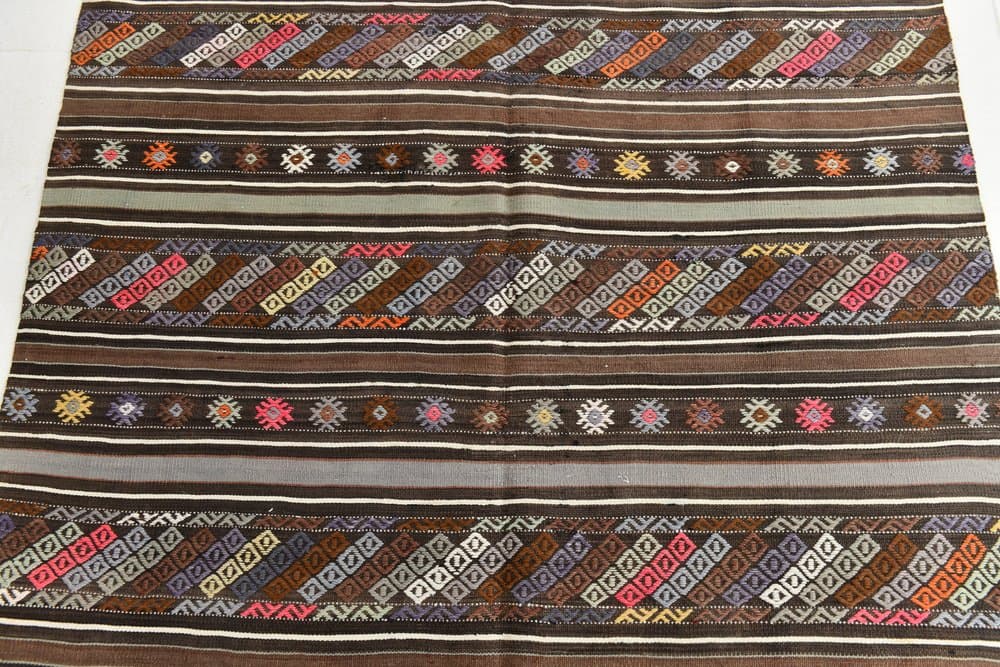 Kilim 238x155 cm, brązowy, beżowy, wełna, Turcja, lata 70. - 215072