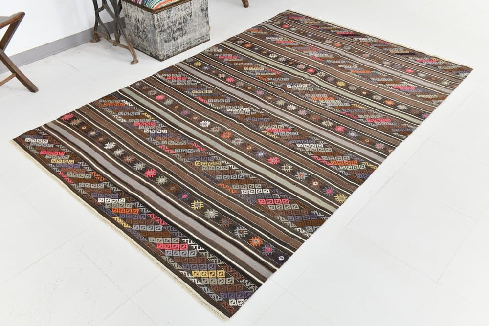 Kilim 238x155 cm, brązowy, beżowy, wełna, Turcja, lata 70. - 215065