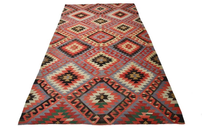 Kilim 306x174 cm, czerwony, beżowy, wełna, lata 70.