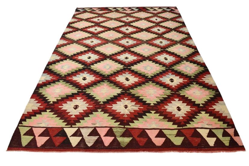 Kilim 291x202 cm, zielony, czerwony, wełna, lata 70.