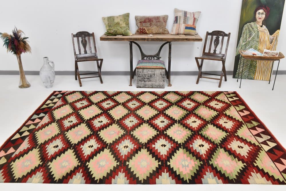 Kilim 291x202 cm, zielony, czerwony, wełna, lata 70. - 215206