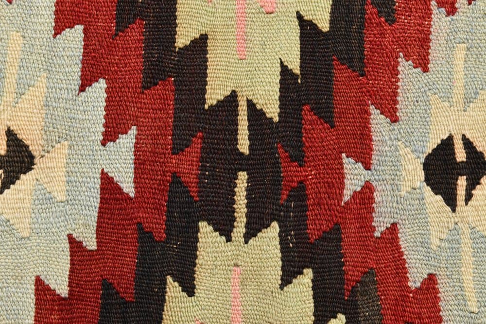 Kilim 291x202 cm, zielony, czerwony, wełna, lata 70. - 215211