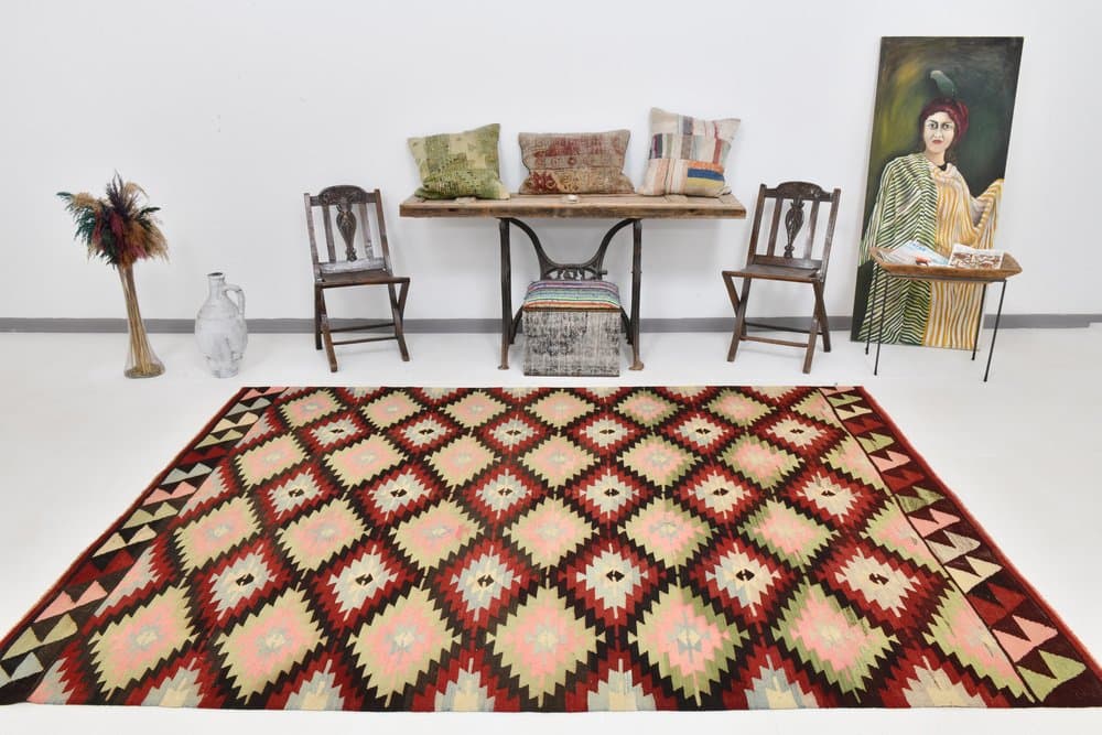 Kilim 291x202 cm, zielony, czerwony, wełna, lata 70. - 215207