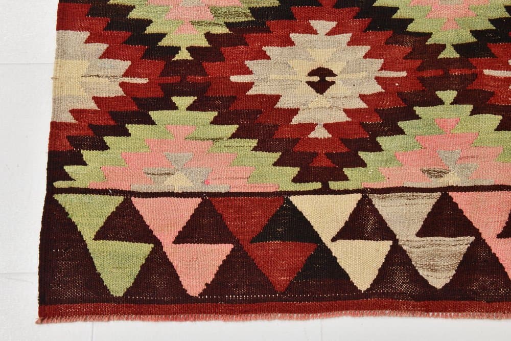 Kilim 291x202 cm, zielony, czerwony, wełna, lata 70. - 215213