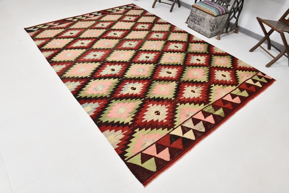 Kilim 291x202 cm, zielony, czerwony, wełna, lata 70. - 215202