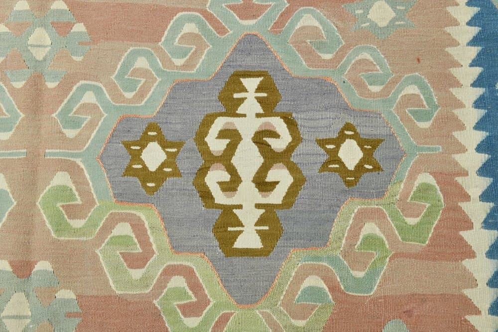 Kilim 199x311 cm, turkusowy, różowy, wełna, lata 70. - 215191