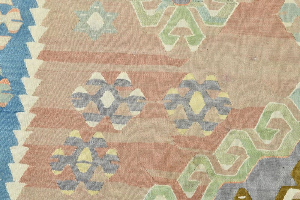 Kilim 199x311 cm, turkusowy, różowy, wełna, lata 70. - 215190