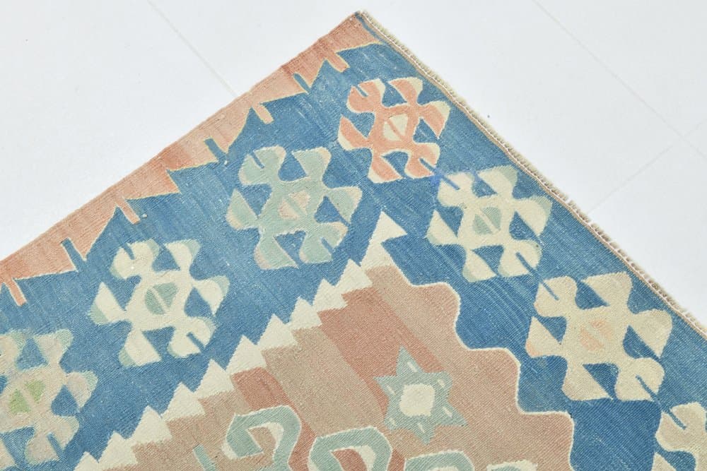 Kilim 199x311 cm, turkusowy, różowy, wełna, lata 70. - 215200