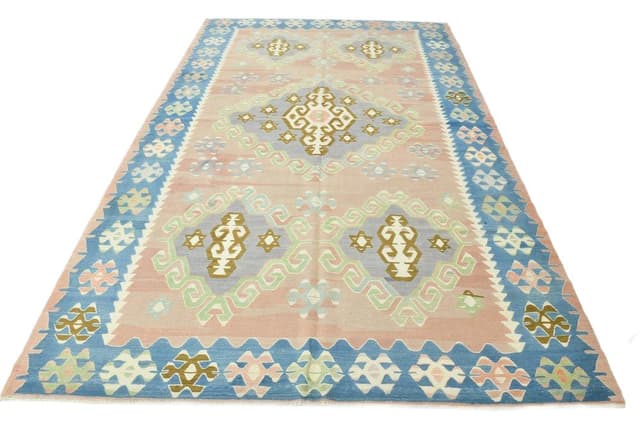 Kilim 199x311 cm, turkusowy, różowy, wełna, lata 70. - WYMIARY