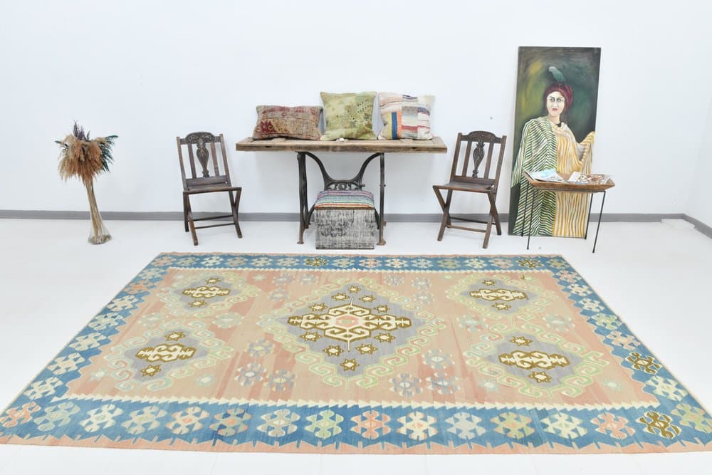 Kilim 199x311 cm, turkusowy, różowy, wełna, lata 70. - 215194