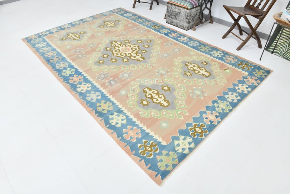 Kilim 199x311 cm, turkusowy, różowy, wełna, lata 70. - 215189