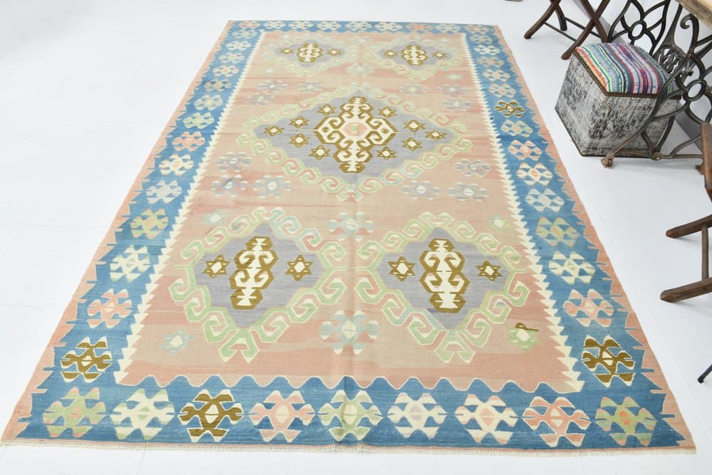 Kilim 199x311 cm, turkusowy, różowy, wełna, lata 70. - 215192