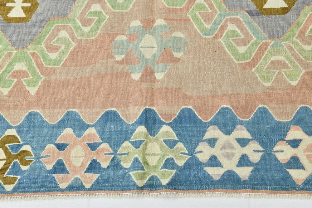 Kilim 199x311 cm, turkusowy, różowy, wełna, lata 70. - 215198