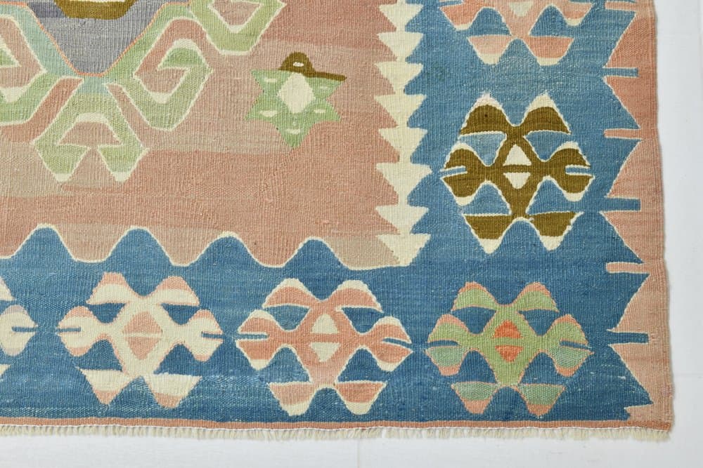 Kilim 199x311 cm, turkusowy, różowy, wełna, lata 70. - 215199