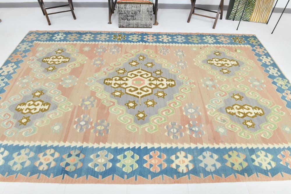 Kilim 199x311 cm, turkusowy, różowy, wełna, lata 70. - 215193