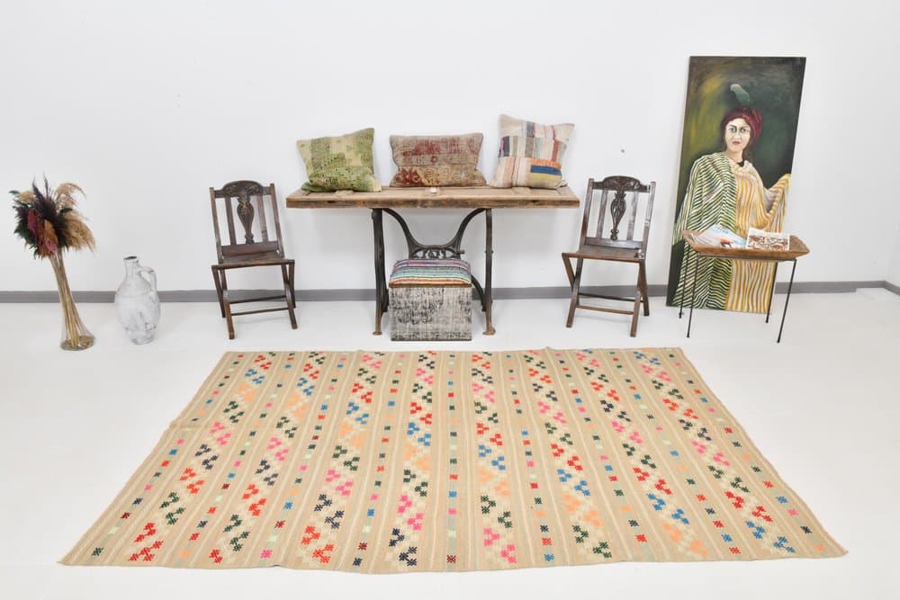 Dywan 160x252 cm, niebieski, zielony, wełna, lata 70. - 215659