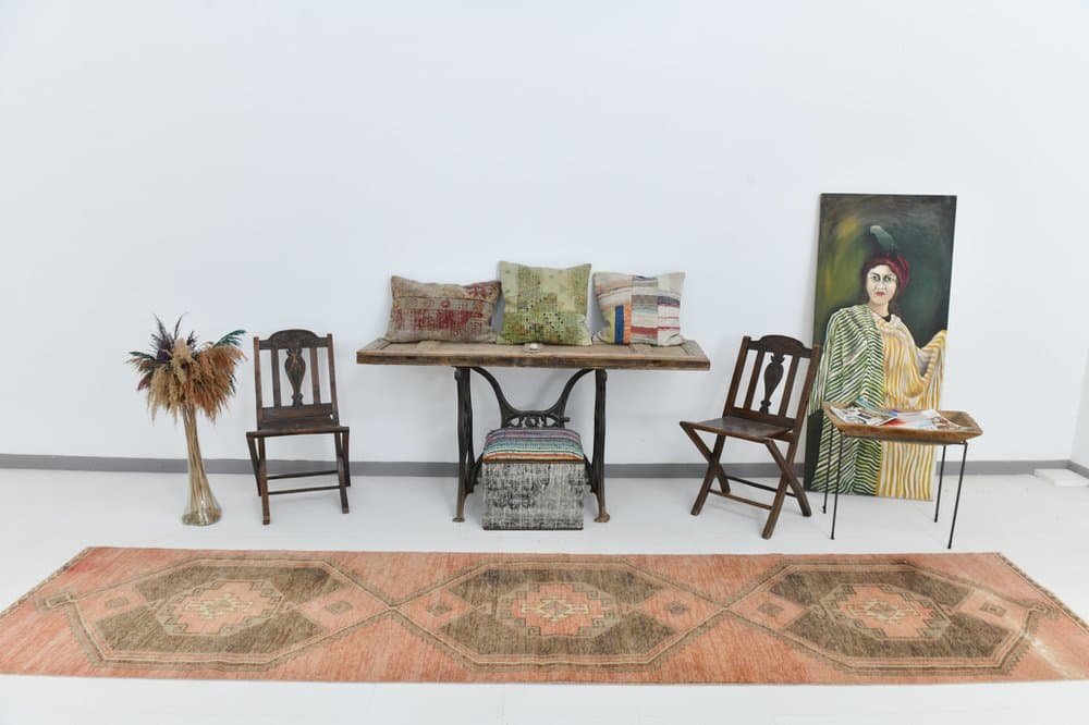 Chodnik 89x339 cm, brązowy, beżowy, wełna, lata 70. - 215646