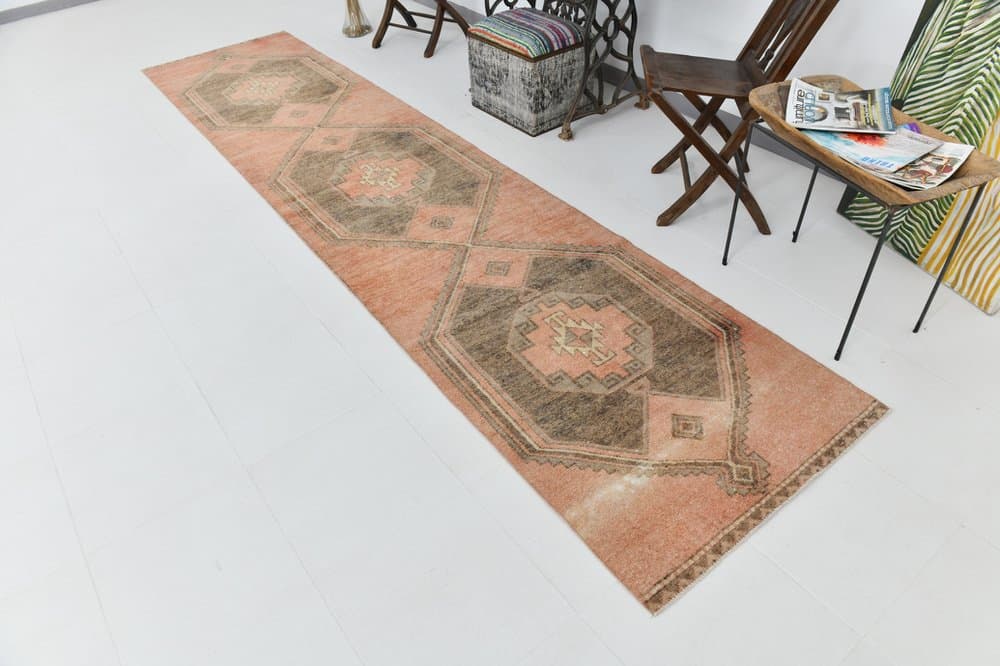 Chodnik 89x339 cm, brązowy, beżowy, wełna, lata 70. - 215641