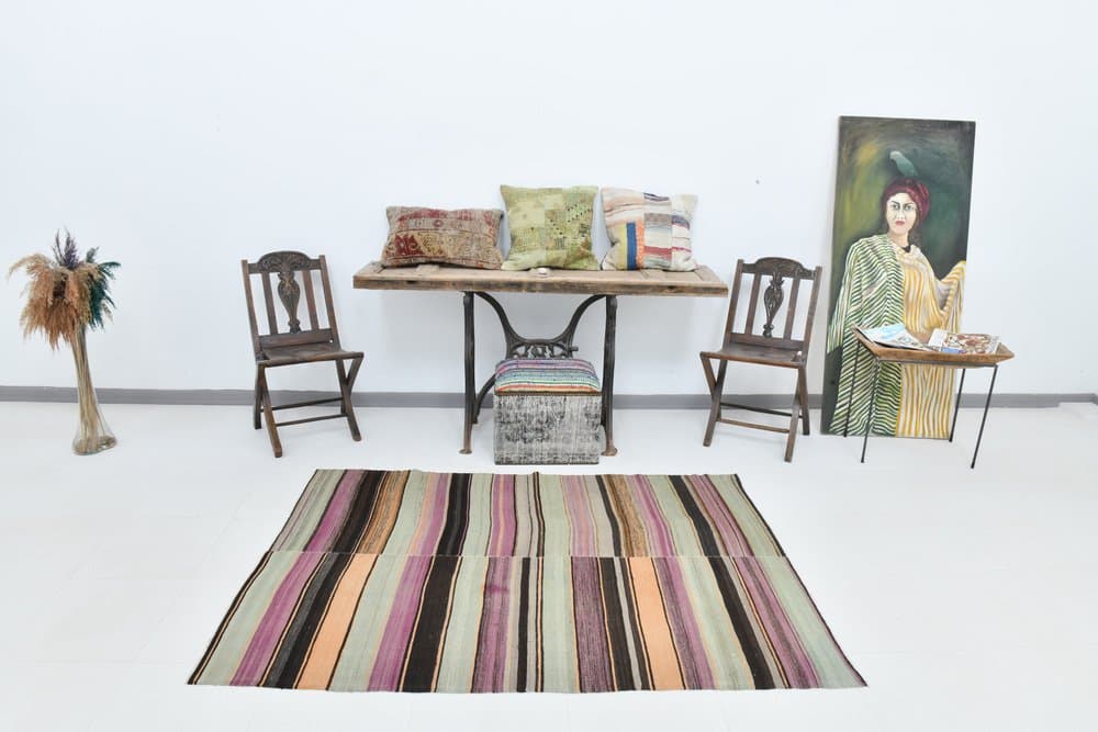 Kilim 185x124 cm, oliwkowy, beżowy, wełna, lata 70. - 215620