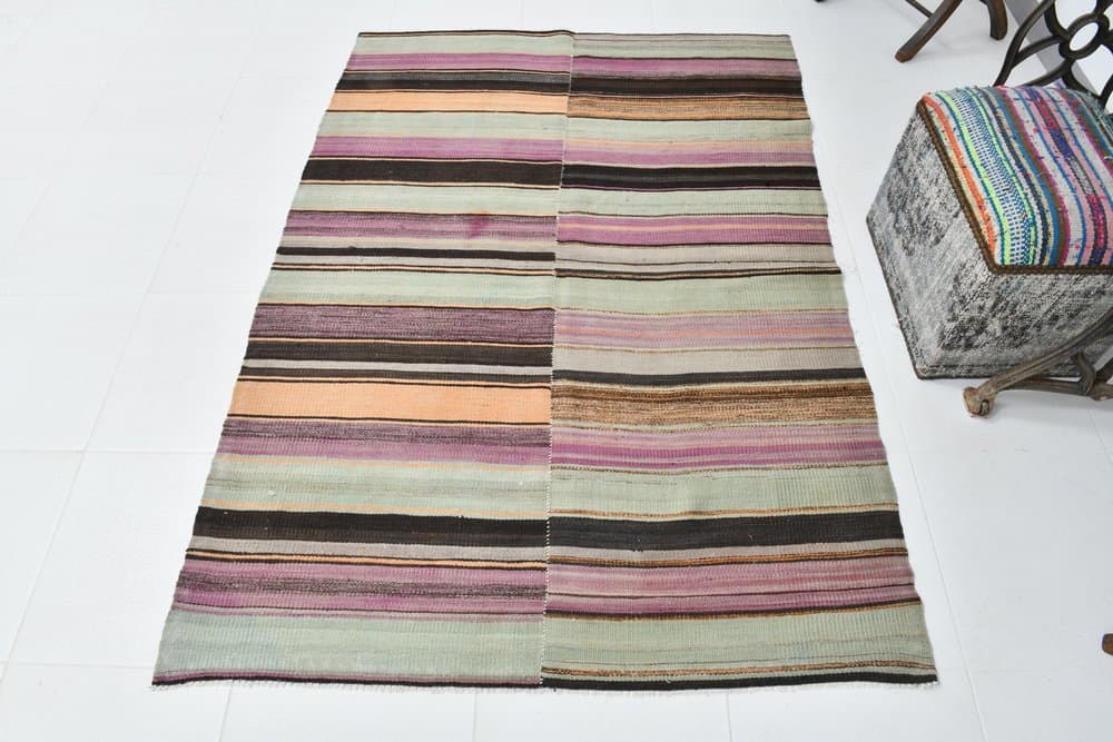 Kilim 185x124 cm, oliwkowy, beżowy, wełna, lata 70. - 215618