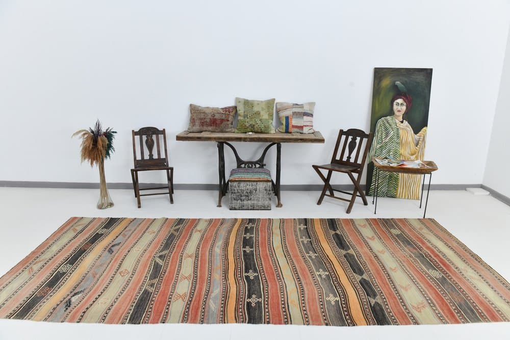 Kilim 158x377 cm, brązowy, zielony, wełna, lata 70. - 215594