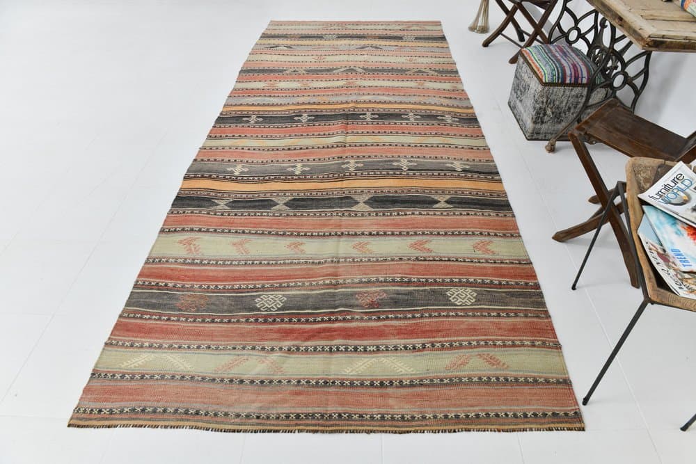 Kilim 158x377 cm, brązowy, zielony, wełna, lata 70. - 215592