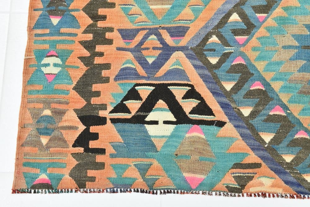 Kilim 256x154 cm, turkusowy, beżowy, wełna, lata 70. - 215558