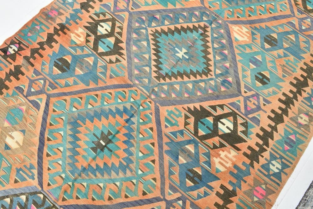 Kilim 256x154 cm, turkusowy, beżowy, wełna, lata 70. - 215555