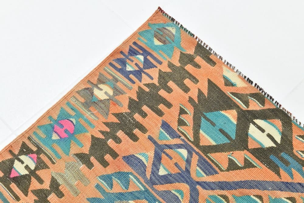 Kilim 256x154 cm, turkusowy, beżowy, wełna, lata 70. - 215551