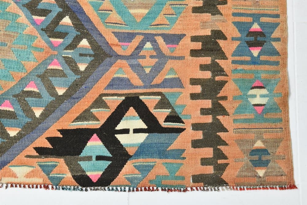 Kilim 256x154 cm, turkusowy, beżowy, wełna, lata 70. - 215560