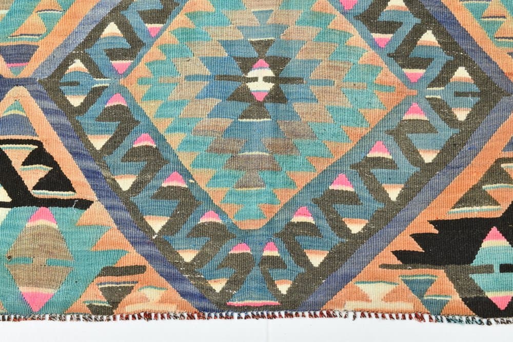 Kilim 256x154 cm, turkusowy, beżowy, wełna, lata 70. - 215559