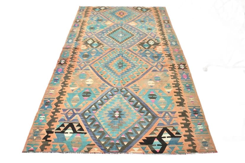 Kilim 256x154 cm, turquoise, beige, wool, 1970s
