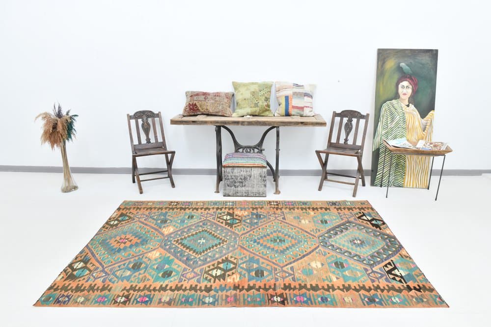 Kilim 256x154 cm, turkusowy, beżowy, wełna, lata 70. - 215561