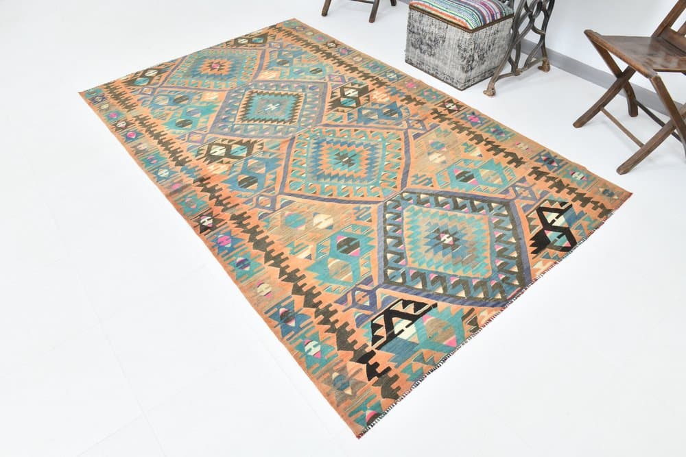 Kilim 256x154 cm, turkusowy, beżowy, wełna, lata 70. - 215550