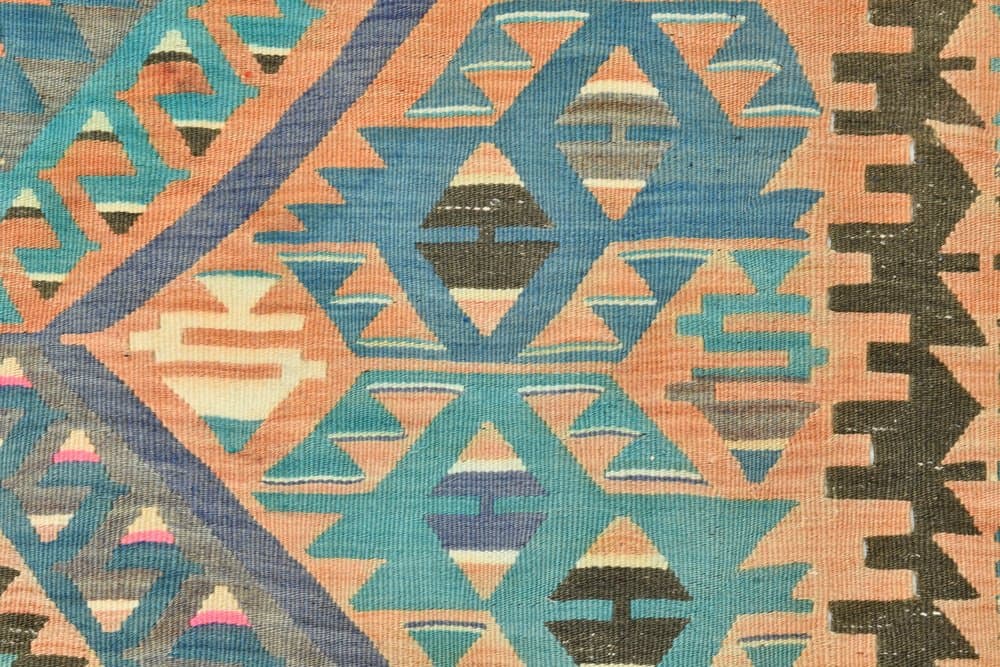Kilim 256x154 cm, turkusowy, beżowy, wełna, lata 70. - 215552