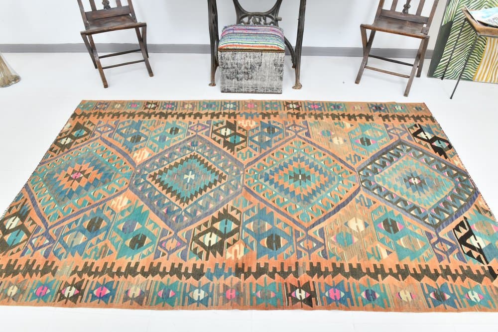 Kilim 256x154 cm, turkusowy, beżowy, wełna, lata 70. - 215554