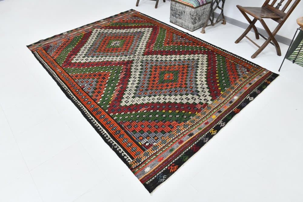 Kilim 186x265 cm, green, red, wool, 1970s - 215537