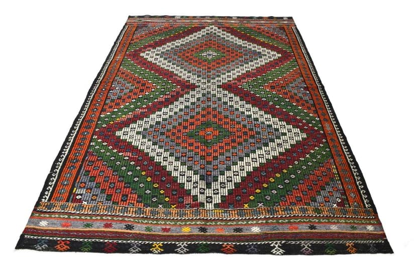 Kilim 186x265 cm, green, red, wool, 1970s
