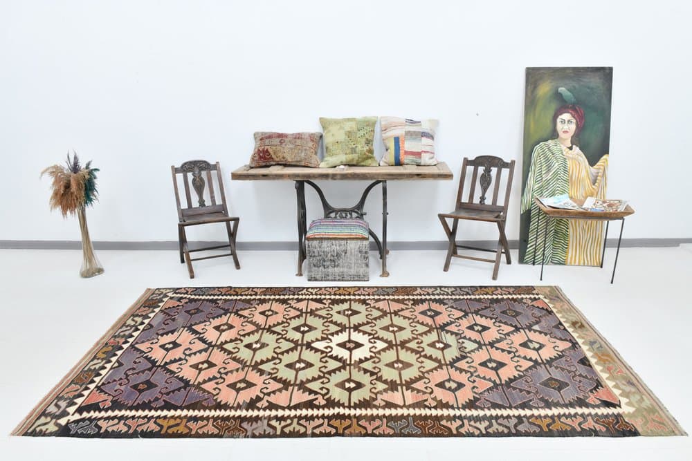 Rug 152x298 cm, brown, pink, wool, 1970s - 215535