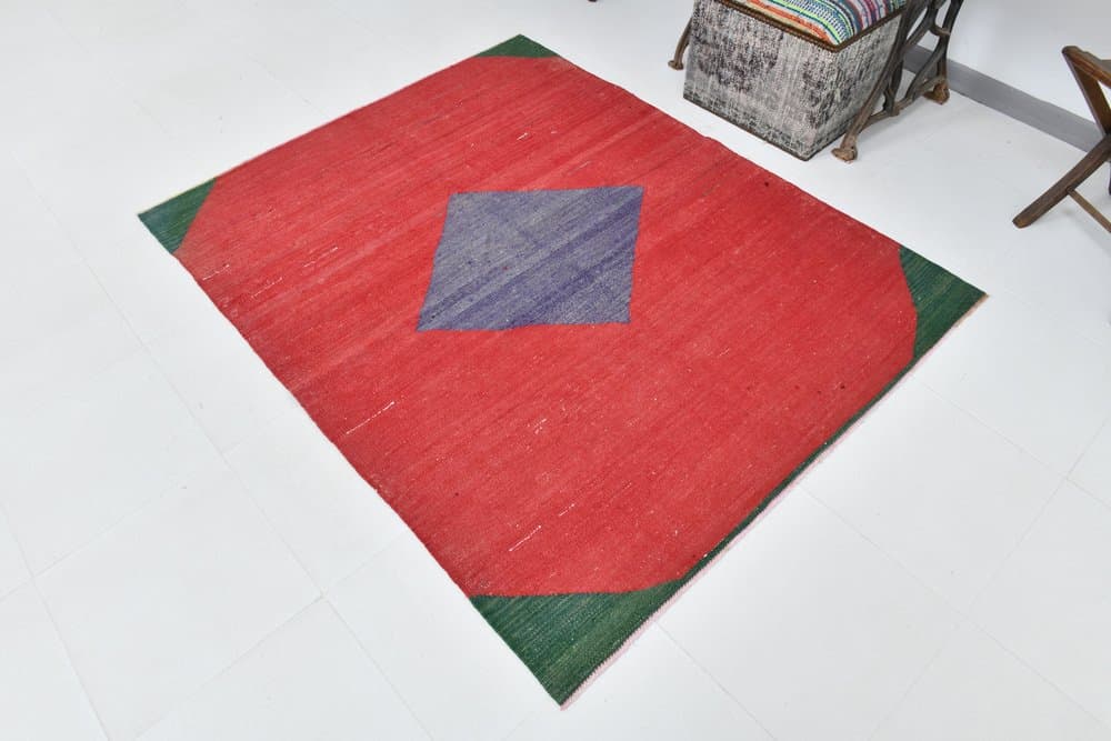 Kilim 172x137 cm, czerwony, zielony, wełna, lata 70. - 215511