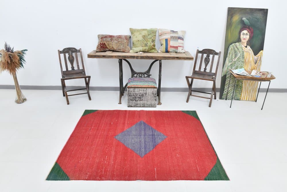 Kilim 172x137 cm, czerwony, zielony, wełna, lata 70. - 215522