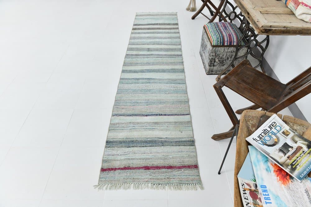 Chodnik 297x67 cm, szary, niebieski, wełna, lata 70. - 215501