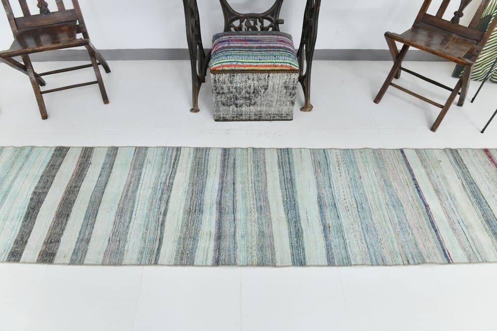 Chodnik 297x67 cm, szary, niebieski, wełna, lata 70. - 215503