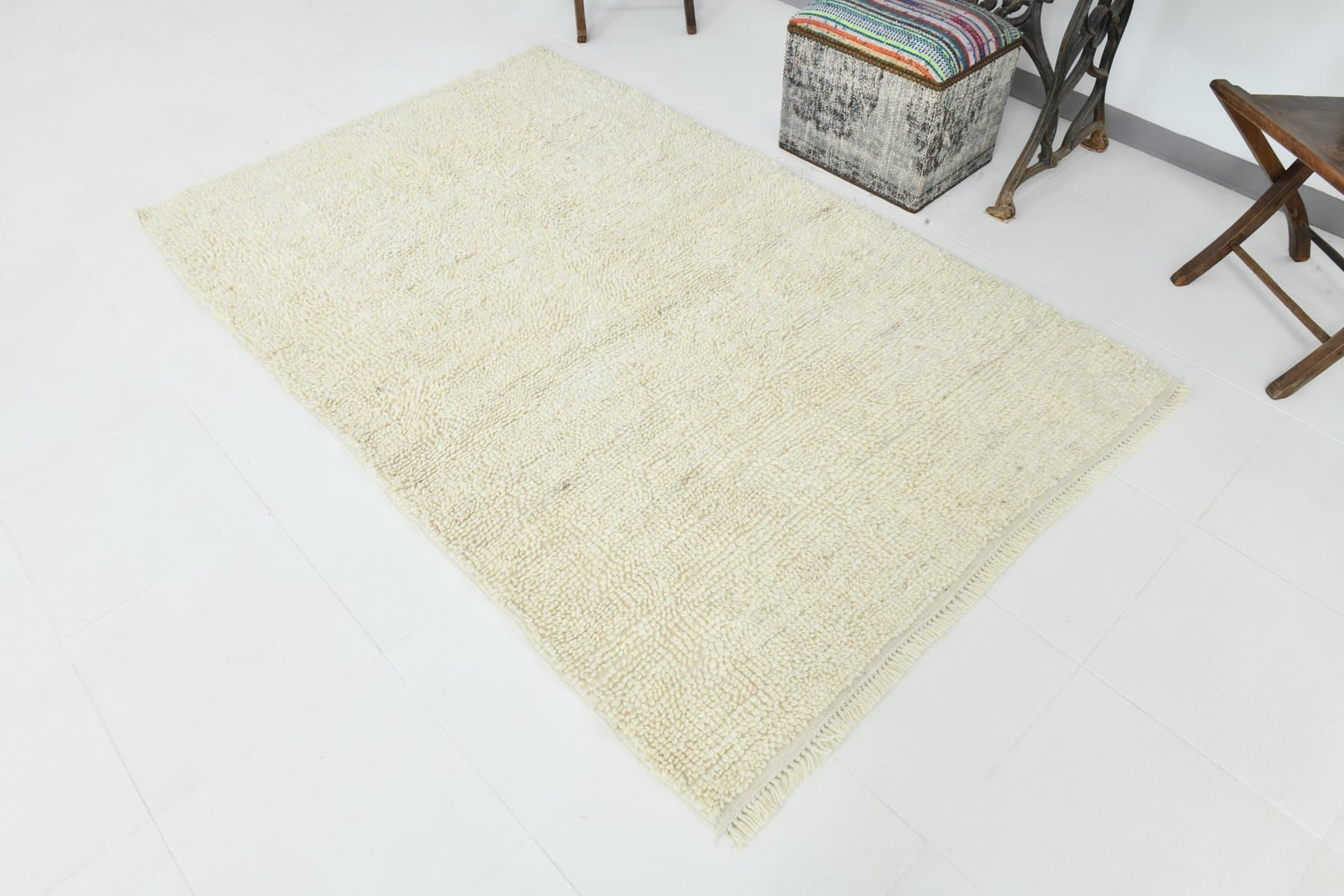 Dywan 211x135 cm, beżowy, wełna, lata 70. - 215459