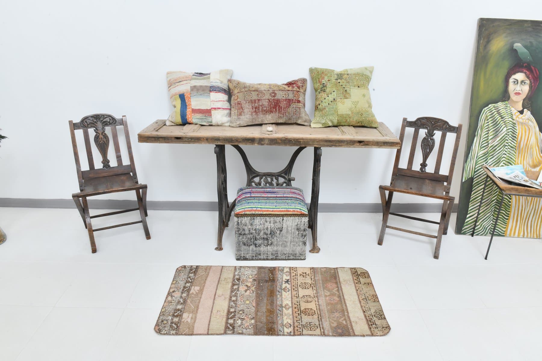 Runner 122x57 cm, beige, pink, wool, 1960s - 215430