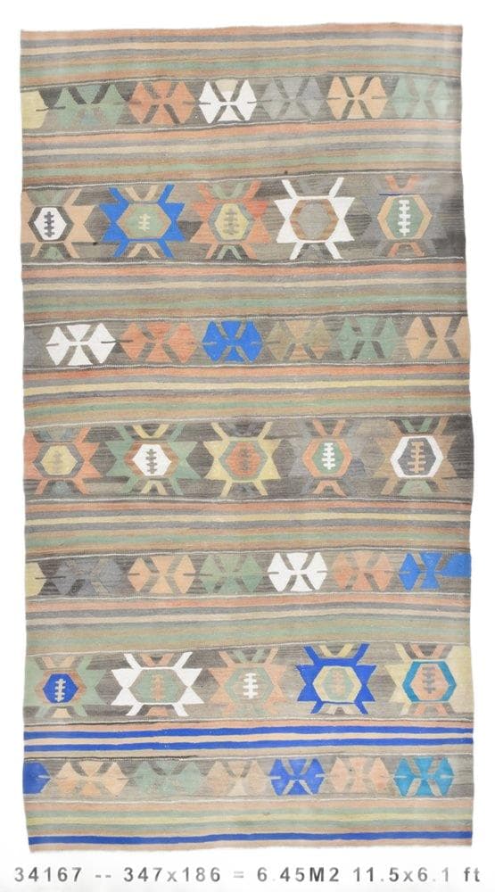 Kilim 186x347 cm, Blue, Grey, Wool, 1970s